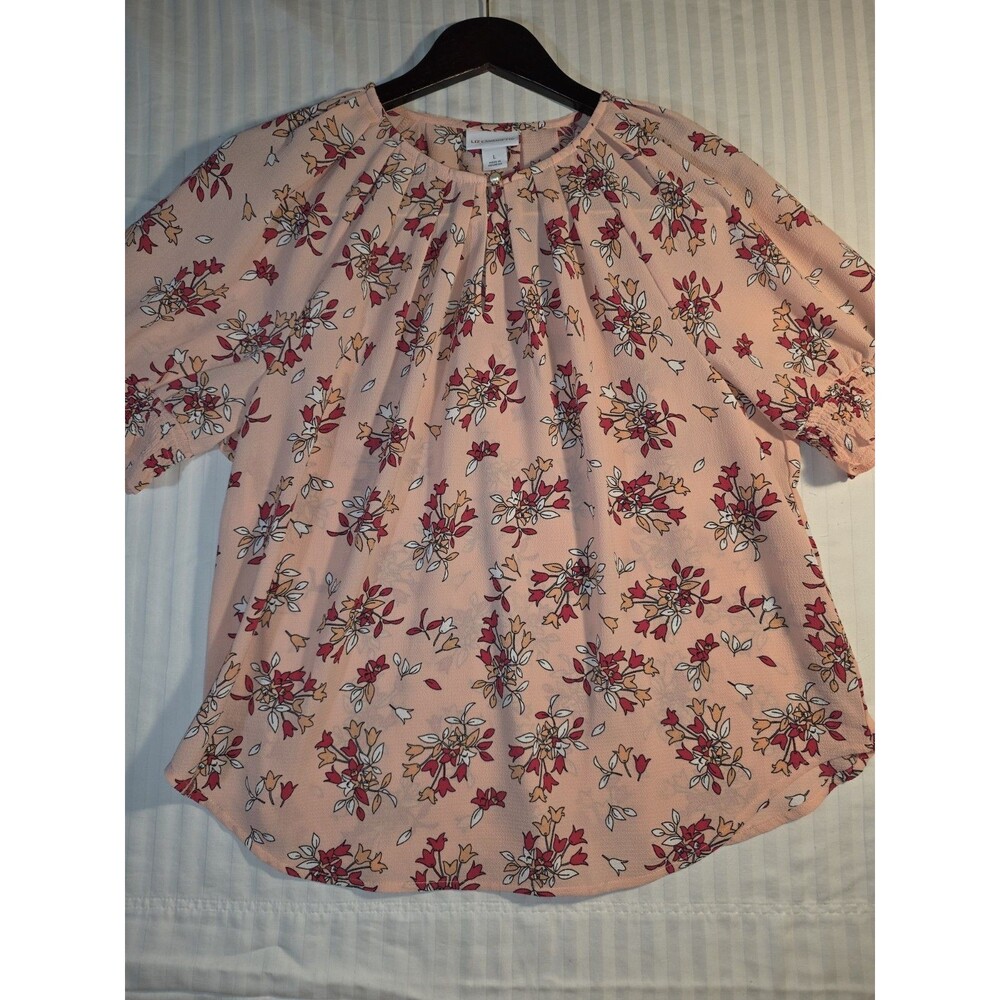 Liz Claiborne Blouse Womens Large Pink Floral Keyhole Pearl Button Top Shirt L